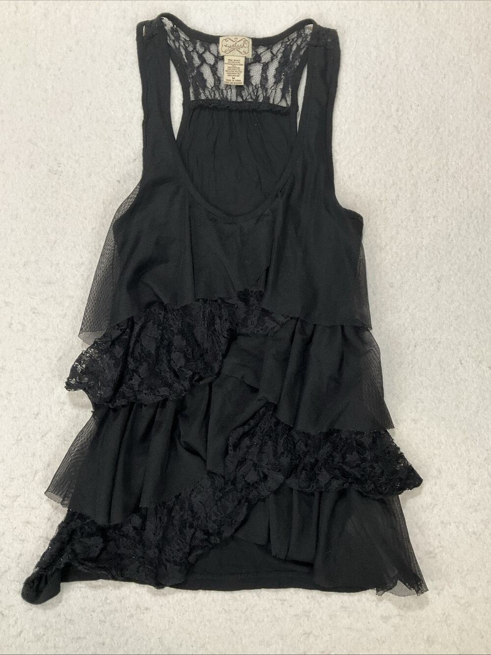Eyelash Couture Black Tiered Layered Ruffle Tank Top Size M Whimsigoth Y2K Lace